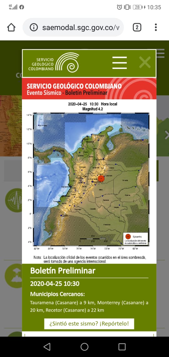 Evento sísmico reportan en Casanare
