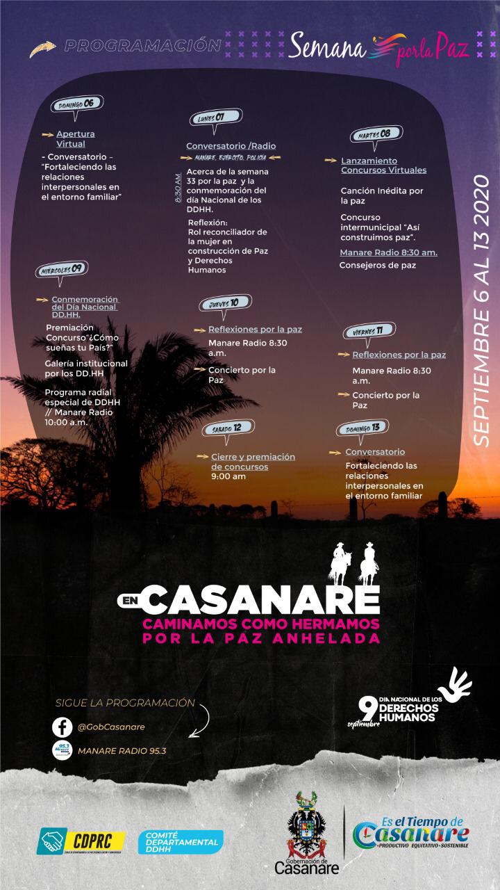 Del 6 y hasta el 13 de septiembre en Casanare conmemoran la Semana por la Paz