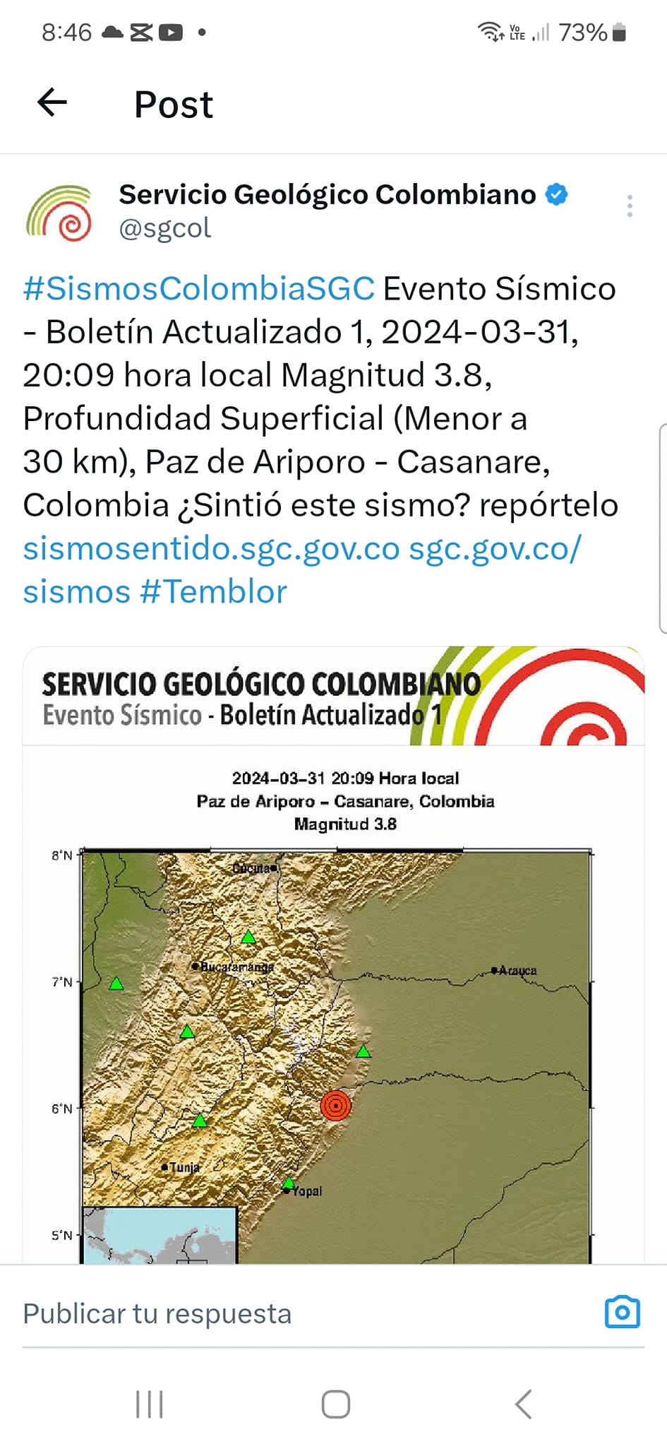 Durante un solo día, dos sismos en Casanare 