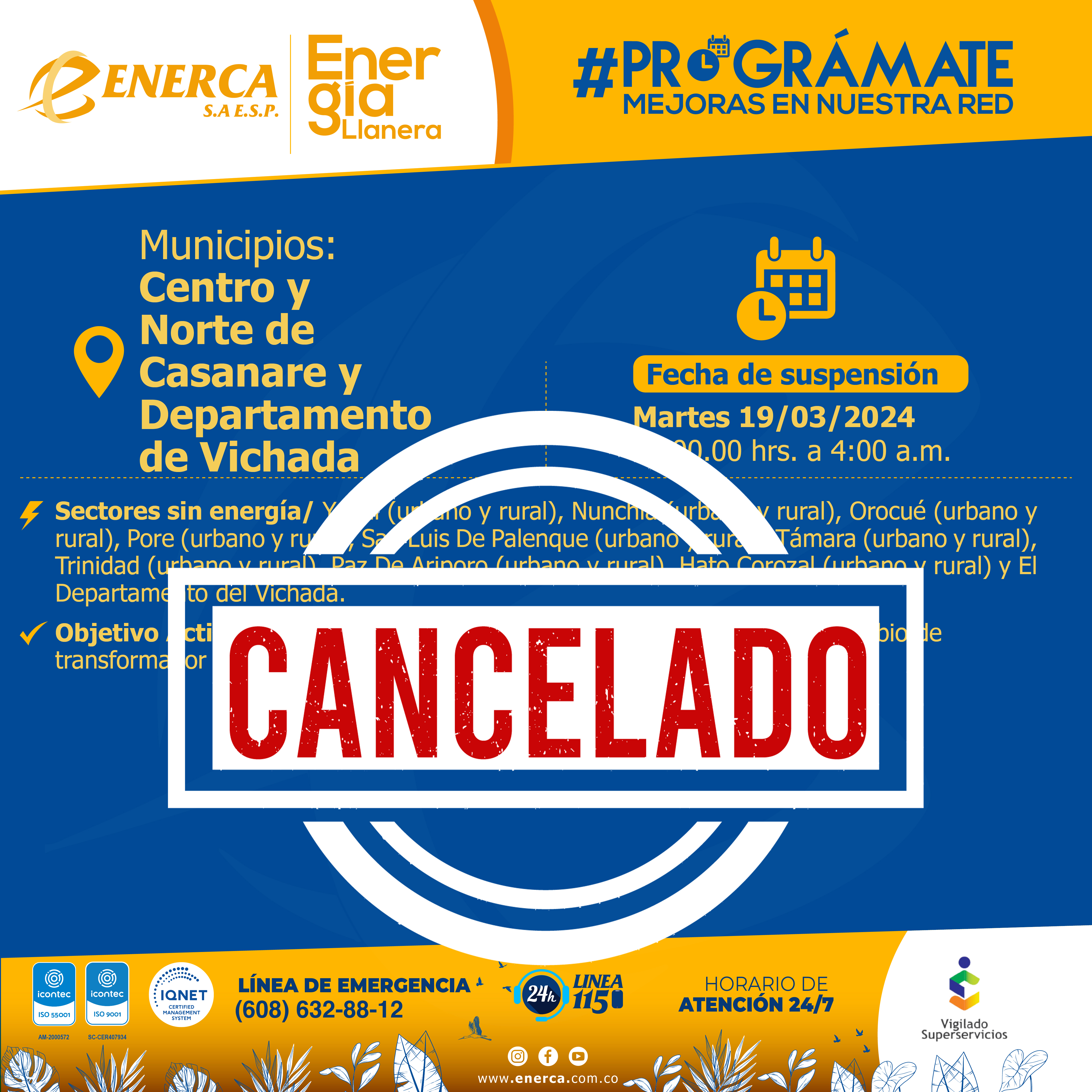 Cancelan mantenimiento de redes de energía eléctrica en el centro, norte de Casanare y en Vichada